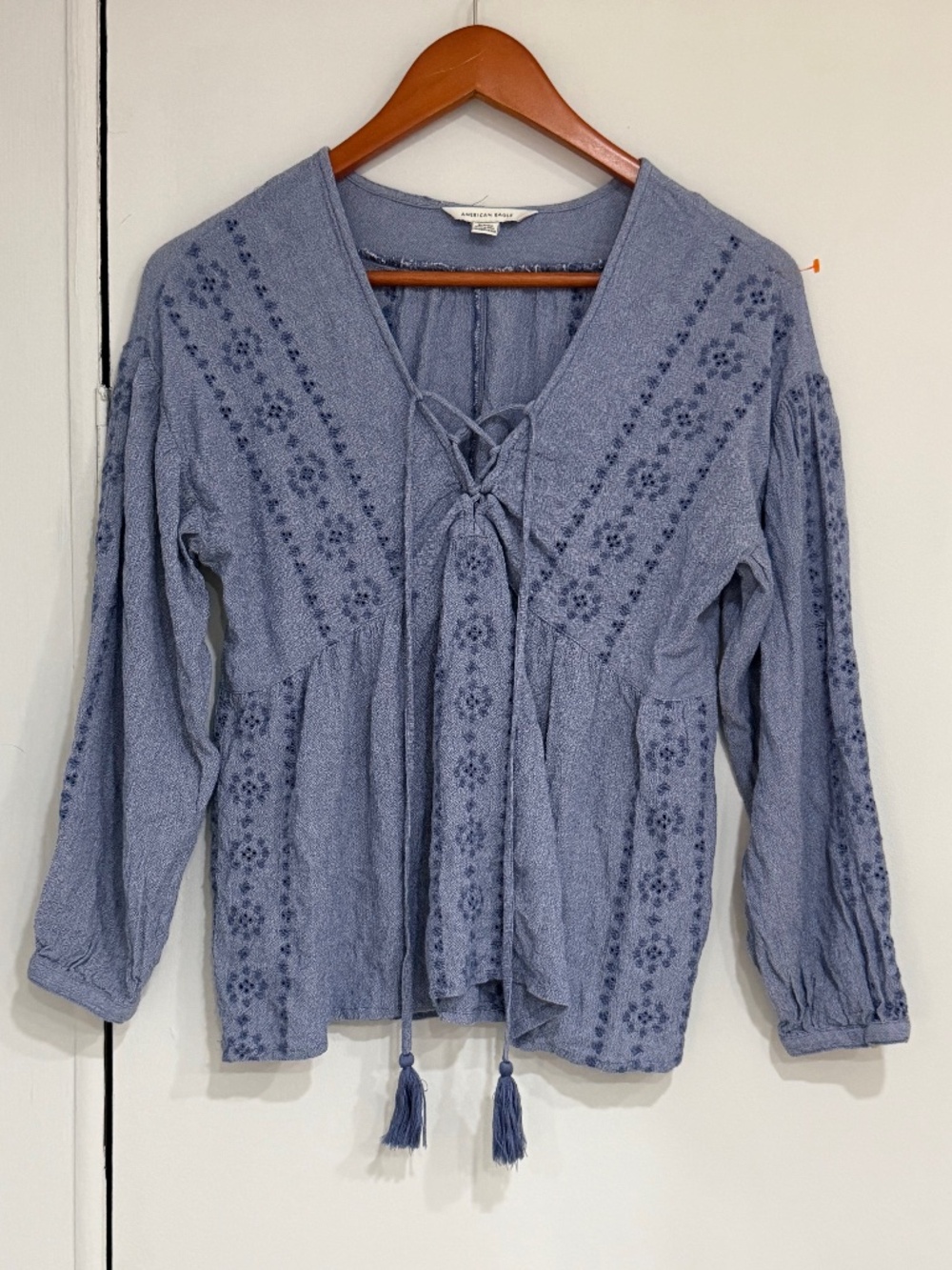 American Eagle Outfitters Women’s Blue Lace-Up Long Sleeve Blouse